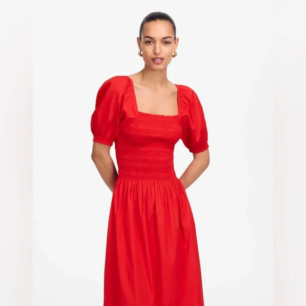 Madewell Smocked Puff Sleeve Midi Dress in Poplin NWT Size XS
